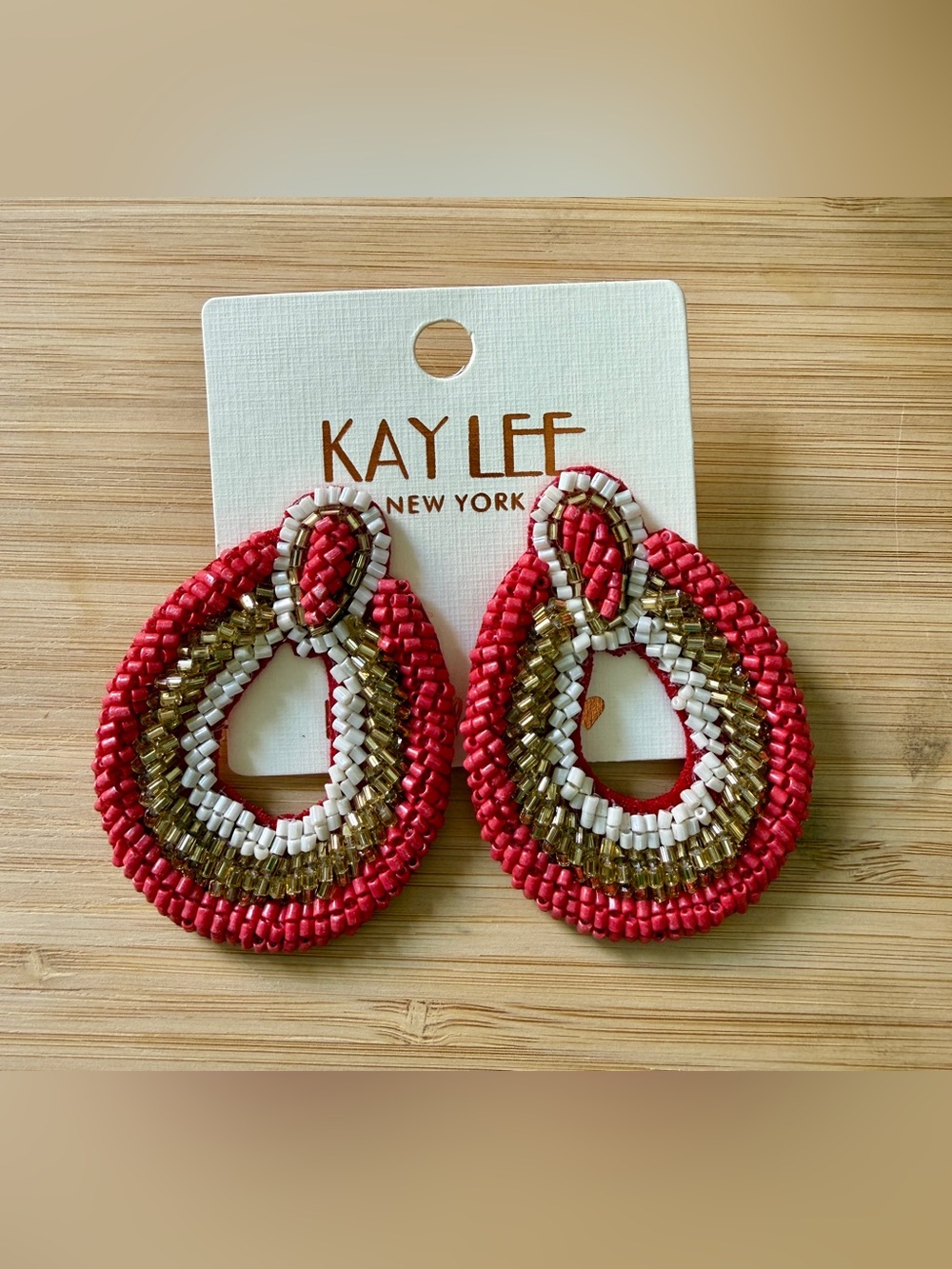 NWT Kay Lee New York Beaded Teardrop Statement Earrings - Red & Gold